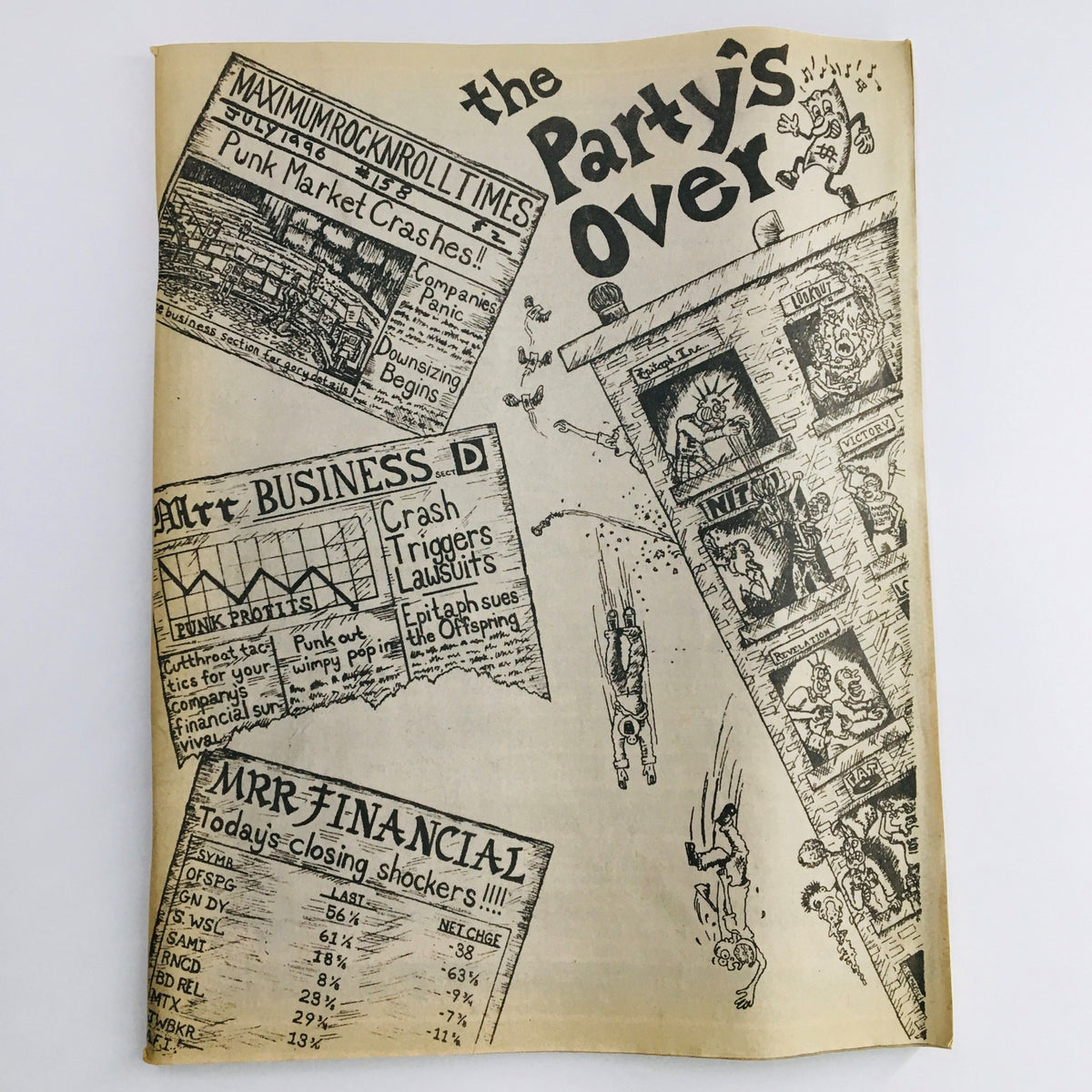 Cover of Maximum RocknRoll Magazine July 1996 Issue #158 featuring the headline 'The Party's Over' and illustrations depicting the punk market crash.