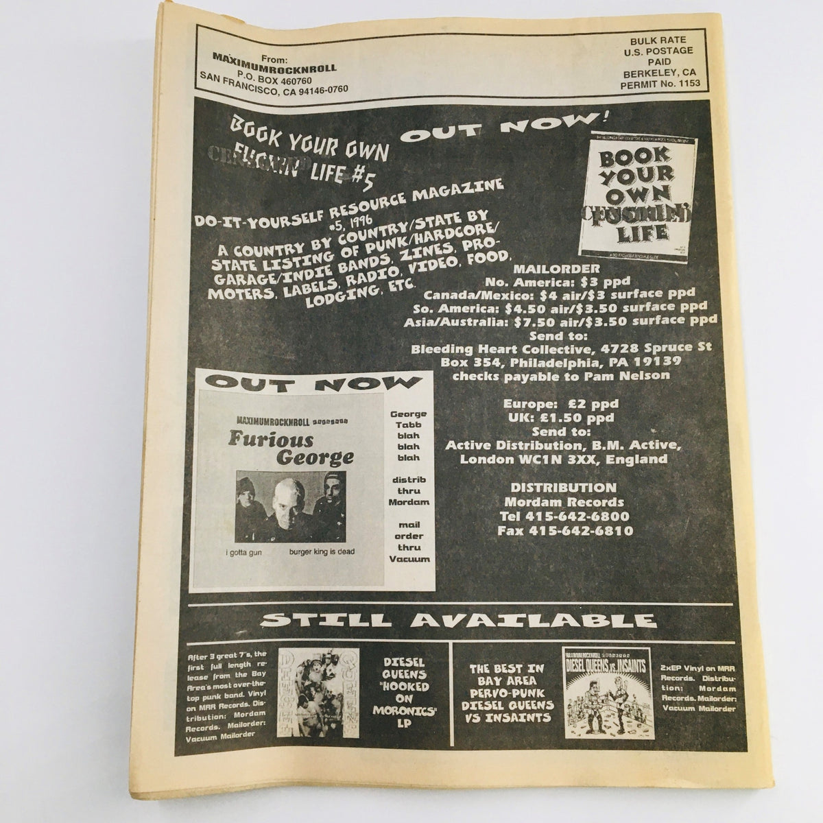 Back cover of Maximum RocknRoll Magazine July 1996 #158 showcasing information on punk-related resources and mail order options, embodying the community ethos of the punk music movement.