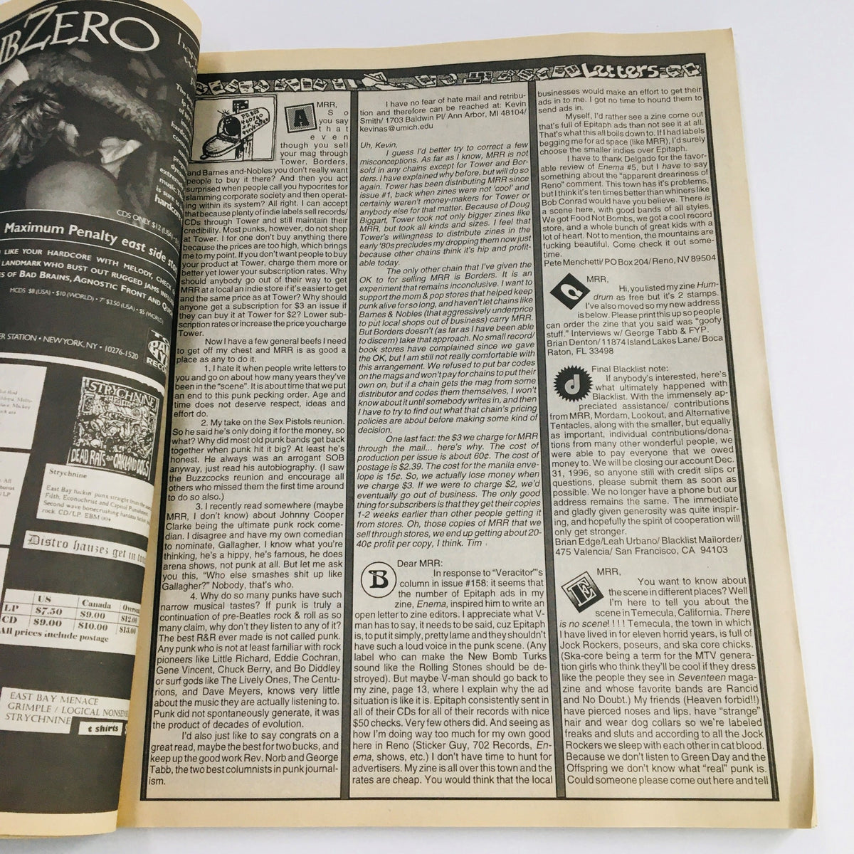 Inside page of Maximum RocknRoll Magazine October 1996 #161 featuring letters to the editor, highlighting community engagement and punk rock discussions.