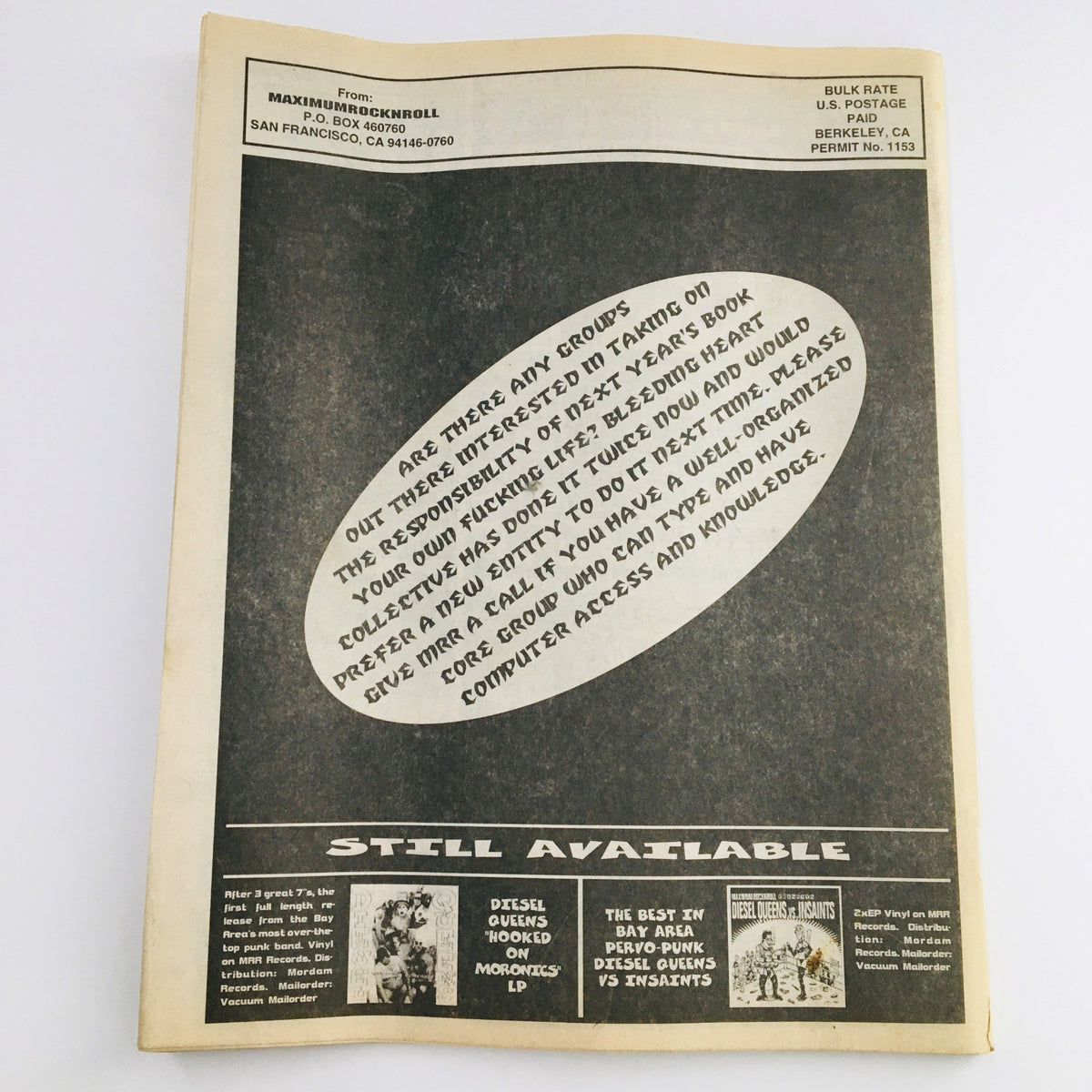 Back cover of Maximum RocknRoll Magazine October 1996 #161 showing advertisements and additional content related to punk music and culture.