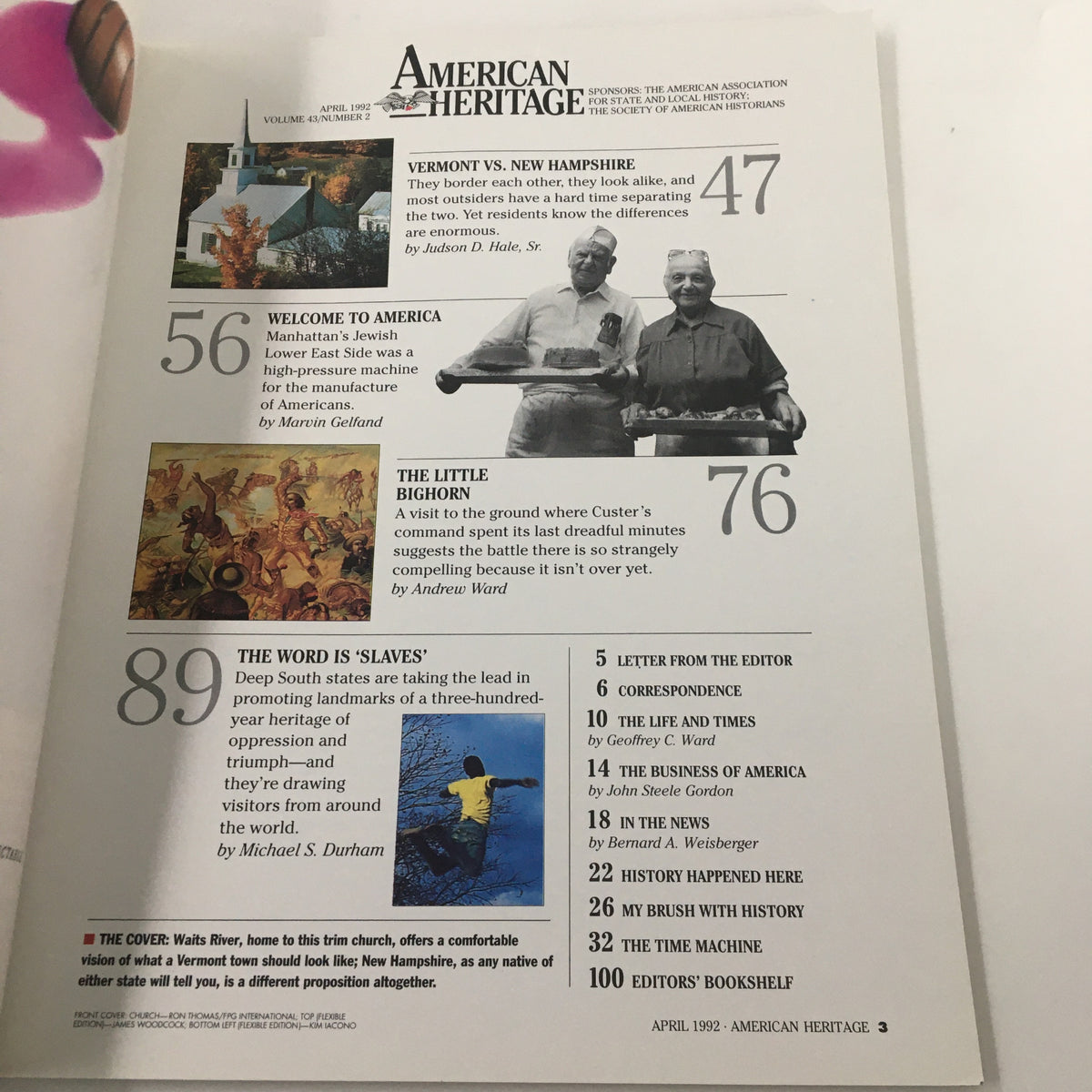 Table of contents page of American Heritage Magazine April 1992 outlining articles including 'Welcome to America' and 'The Little Bighorn', highlighting cultural significance.