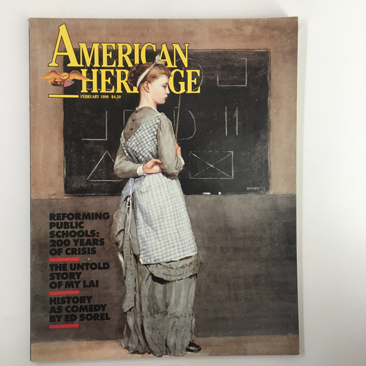 American Heritage Magazine cover from February 1990 featuring the title 'The Untold Story of My Lai', showcasing a historical painting of a schoolmistress in front of a chalkboard.