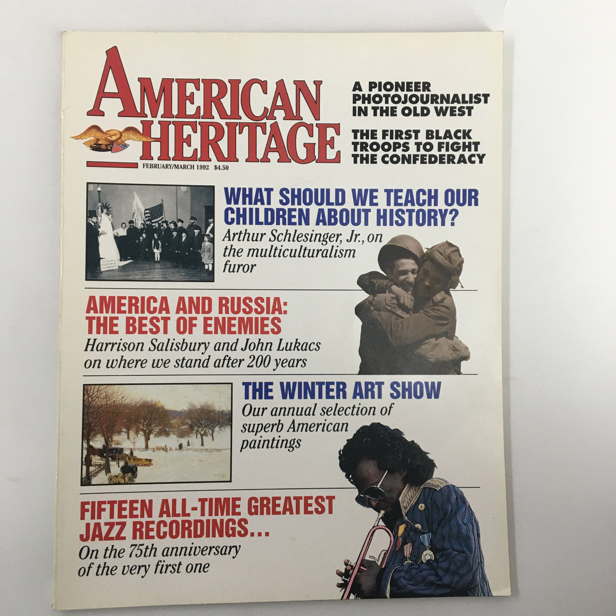 Cover of American Heritage Magazine February 1992 featuring The Winter Art Show, highlights of American culture, and various articles discussing history and art.