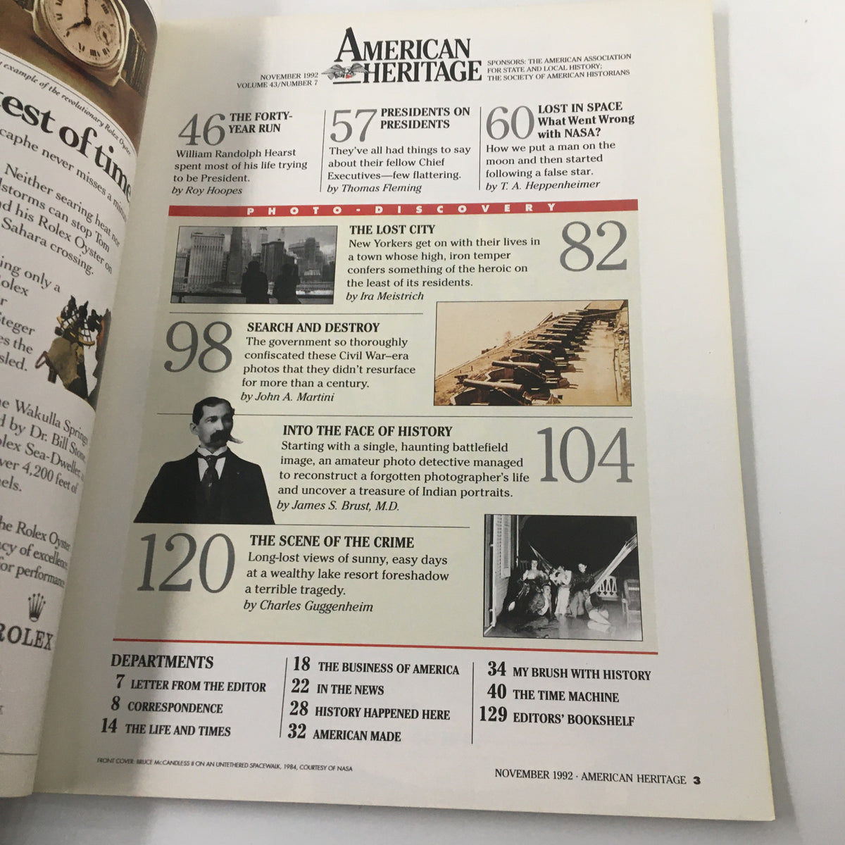 Table of contents page from American Heritage Magazine, November 1992, listing articles including 'Lost in Space: What Went Wrong with NASA'.