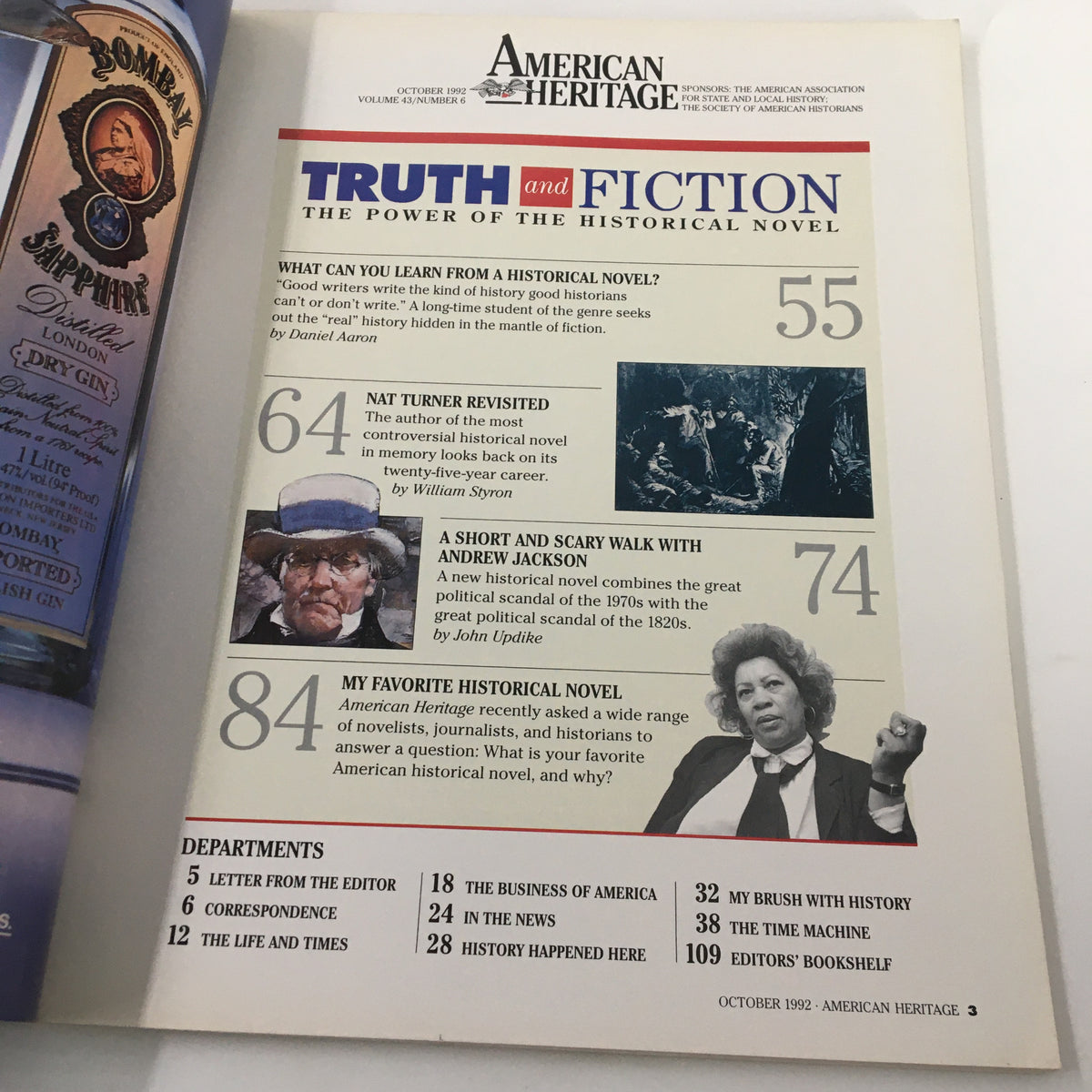 Inside page of American Heritage Magazine October 1992 showcasing contents related to 'Truth and Fiction' and notable articles by William Styron and John Updike.