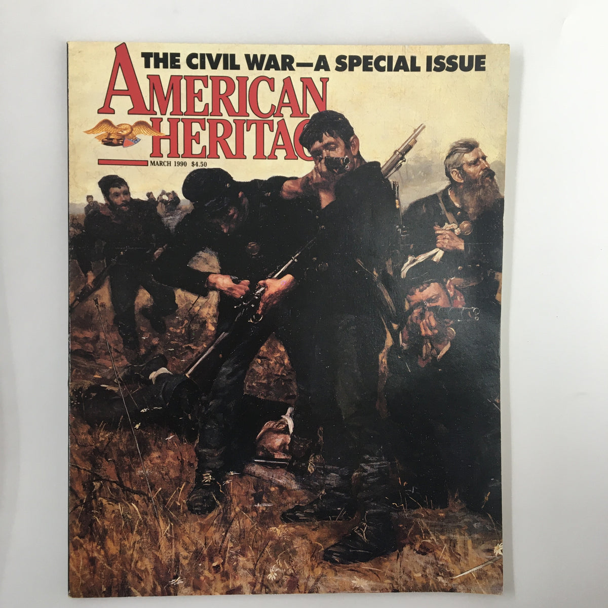 Cover of American Heritage Magazine March 1990 featuring The Civil War special issue, showcasing a dramatic depiction of soldiers in battle.
