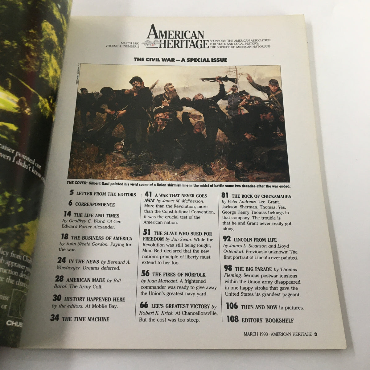 Table of contents page from American Heritage Magazine March 1990, highlighting articles and features related to The Civil War special issue.