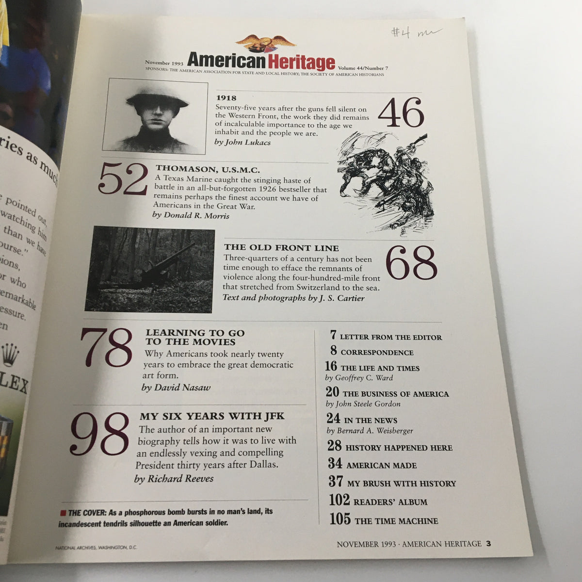 Interior page of American Heritage Magazine November 1993 displaying table of contents, including articles on historical events and cultural insights.