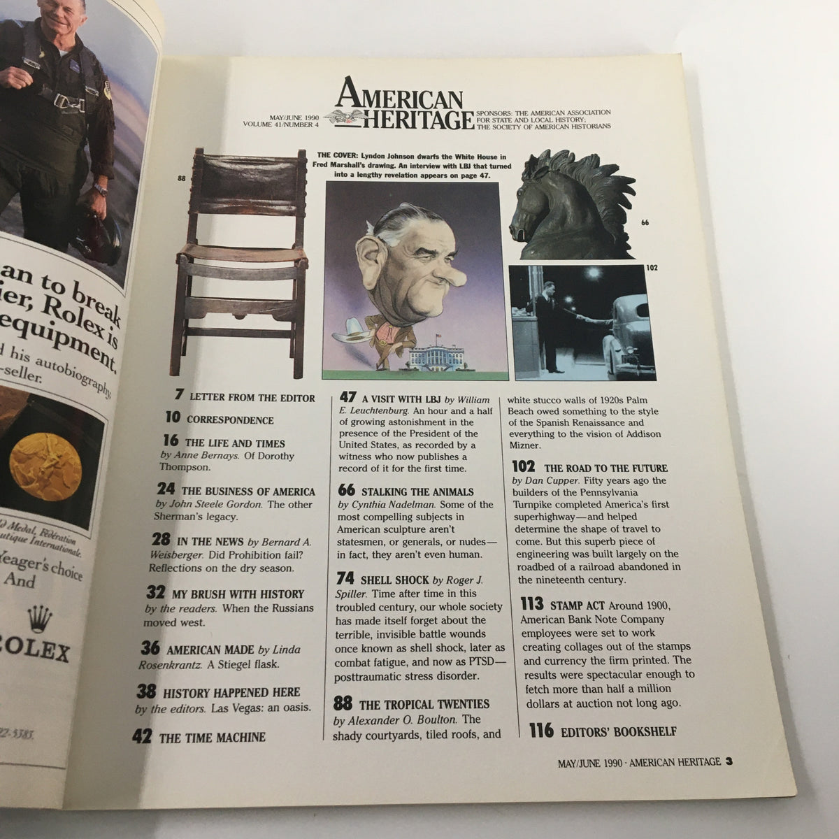 Interior page of American Heritage Magazine, May 1990, showcasing the contents, with a caricature of Lyndon B. Johnson and text indicating an exclusive interview about his presidency.
