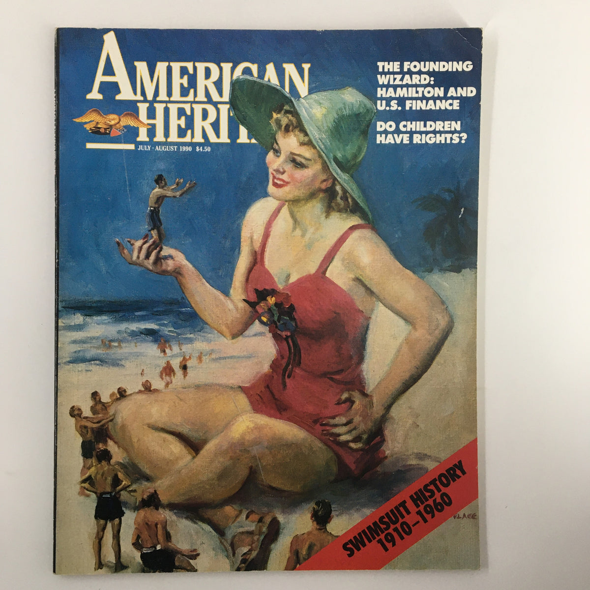 Cover of American Heritage Magazine July 1990 featuring artwork of a woman in a red swimsuit holding a small figure on her hand, with a beach background and the title highlighting Hamilton and U.S. Finance.