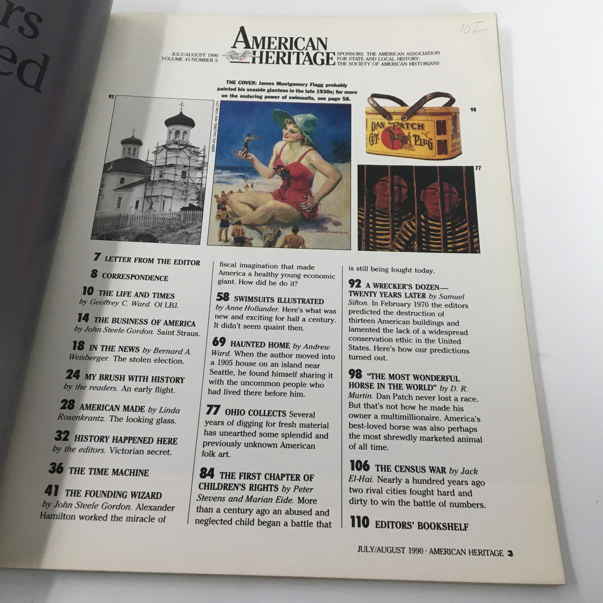 American Heritage Magazine July 1990 featuring contents such as letters from the editor, historical articles, and illustrations from the era, showcasing its vintage appeal.