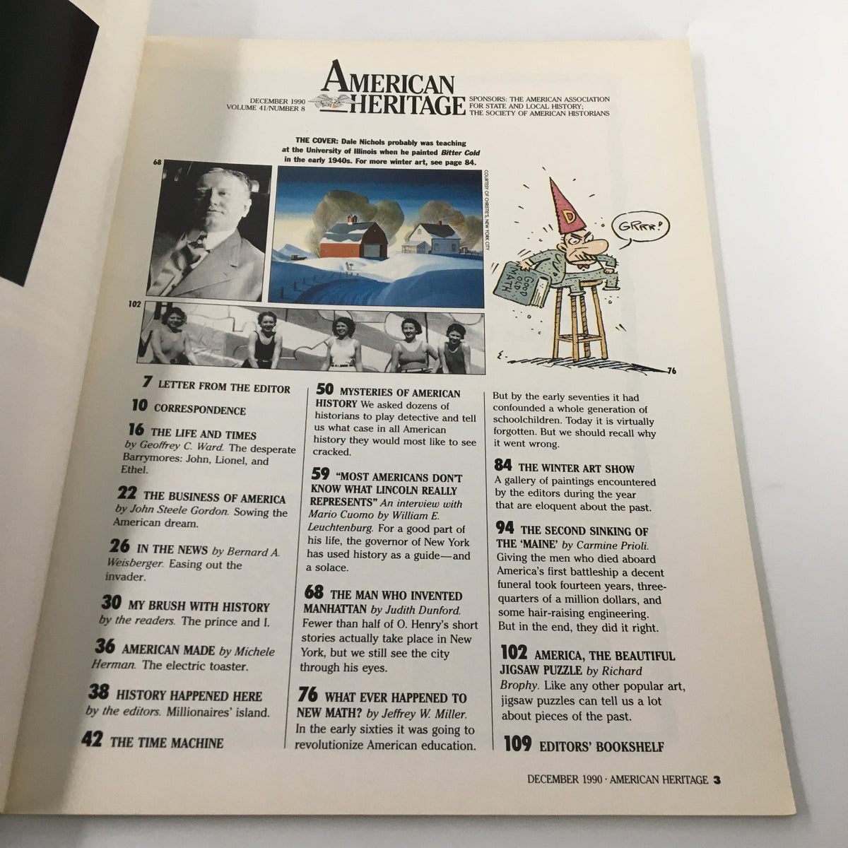 Inside page of American Heritage Magazine December 1990 showcasing the content list including the article 'The Winter Art Show' featuring 'Great Paintings You Never Saw'.