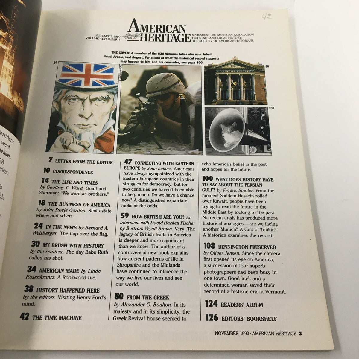 Page from American Heritage Magazine November 1990 illustrating the index with articles including 'Letter from the Editor', 'Life and Times', and notable features on the 82nd Airborne.