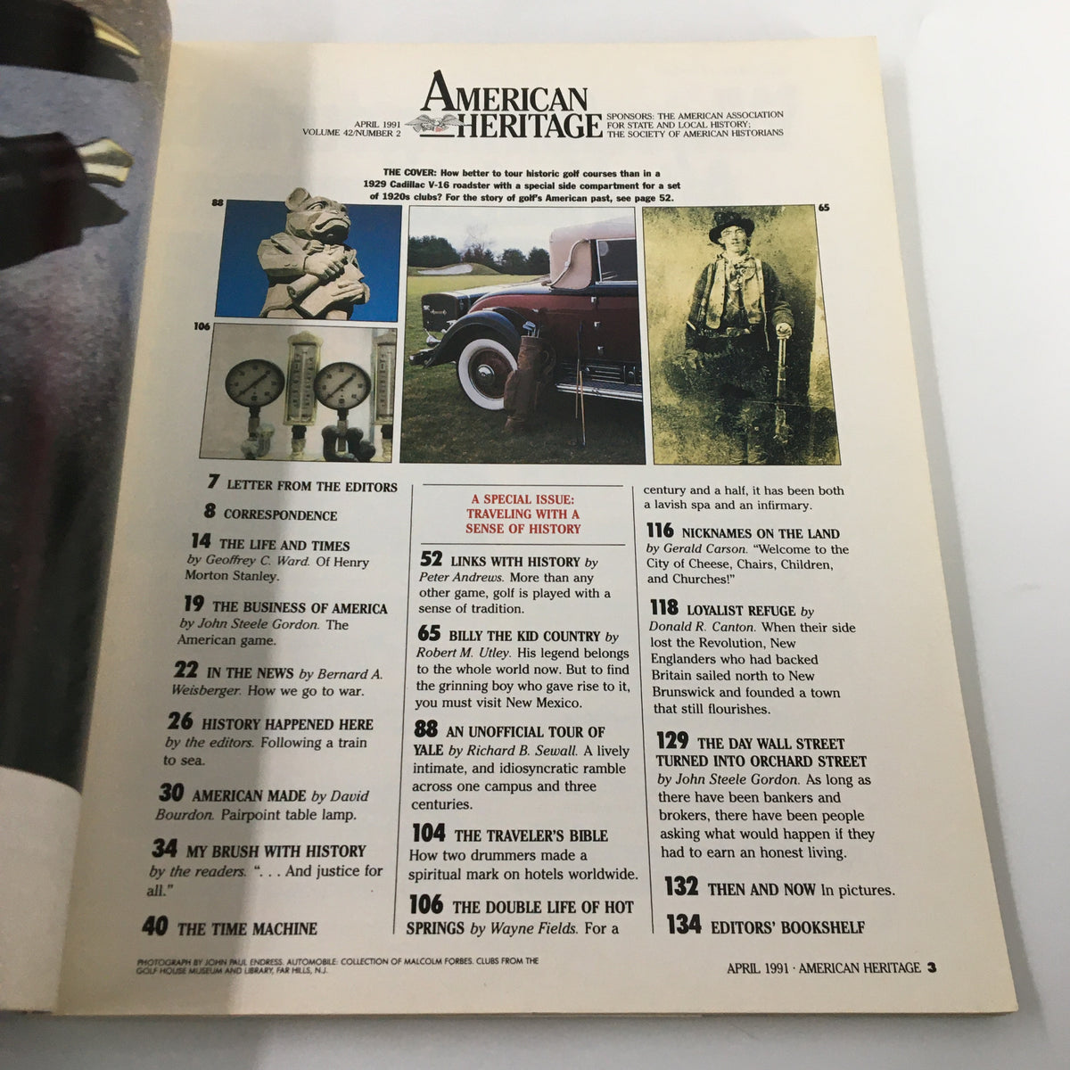 Inside page of American Heritage Magazine April 1991 featuring articles and images, including the 1929 Cadillac V-16 Roadster, emphasizing historical content and magazine details.