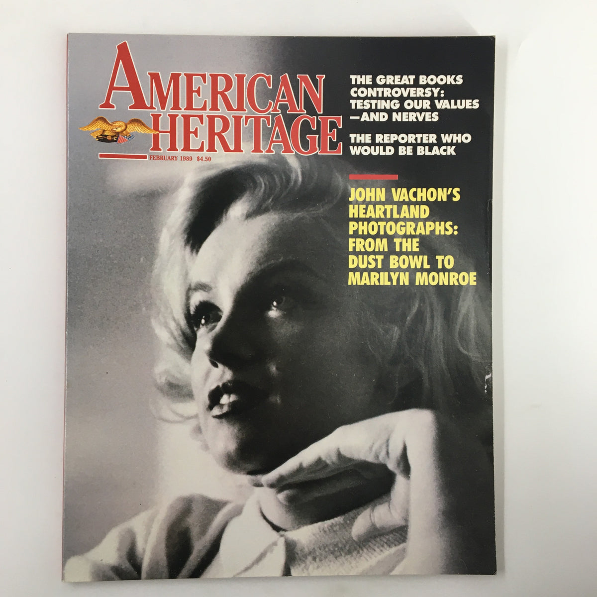 Cover of American Heritage Magazine February 1989 featuring a classic image of Marilyn Monroe from 1953, highlighting her iconic beauty and historical significance.