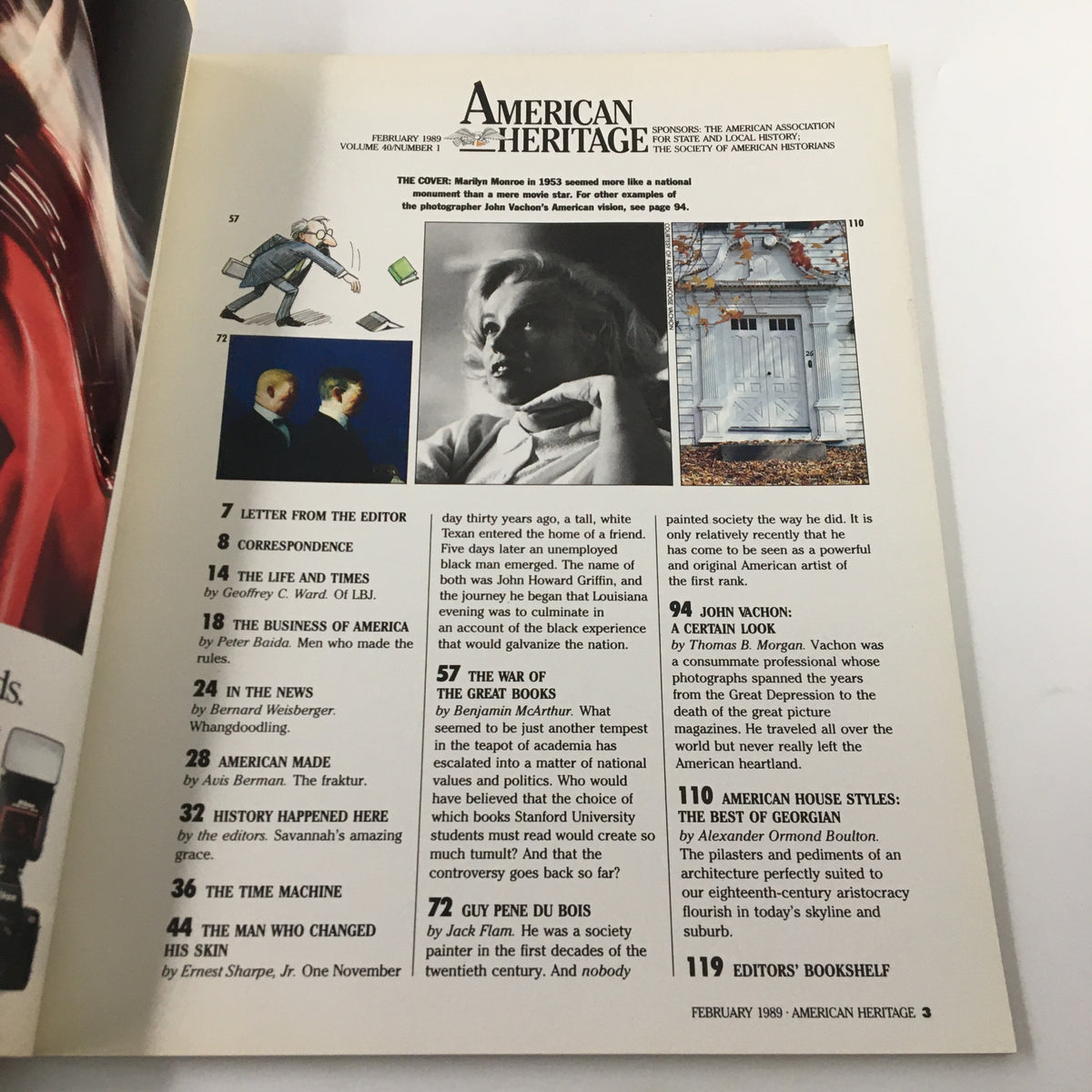 Inside page of American Heritage Magazine February 1989, showcasing content details and a photograph of Marilyn Monroe, emphasizing the magazine's exploration of American culture and history.
