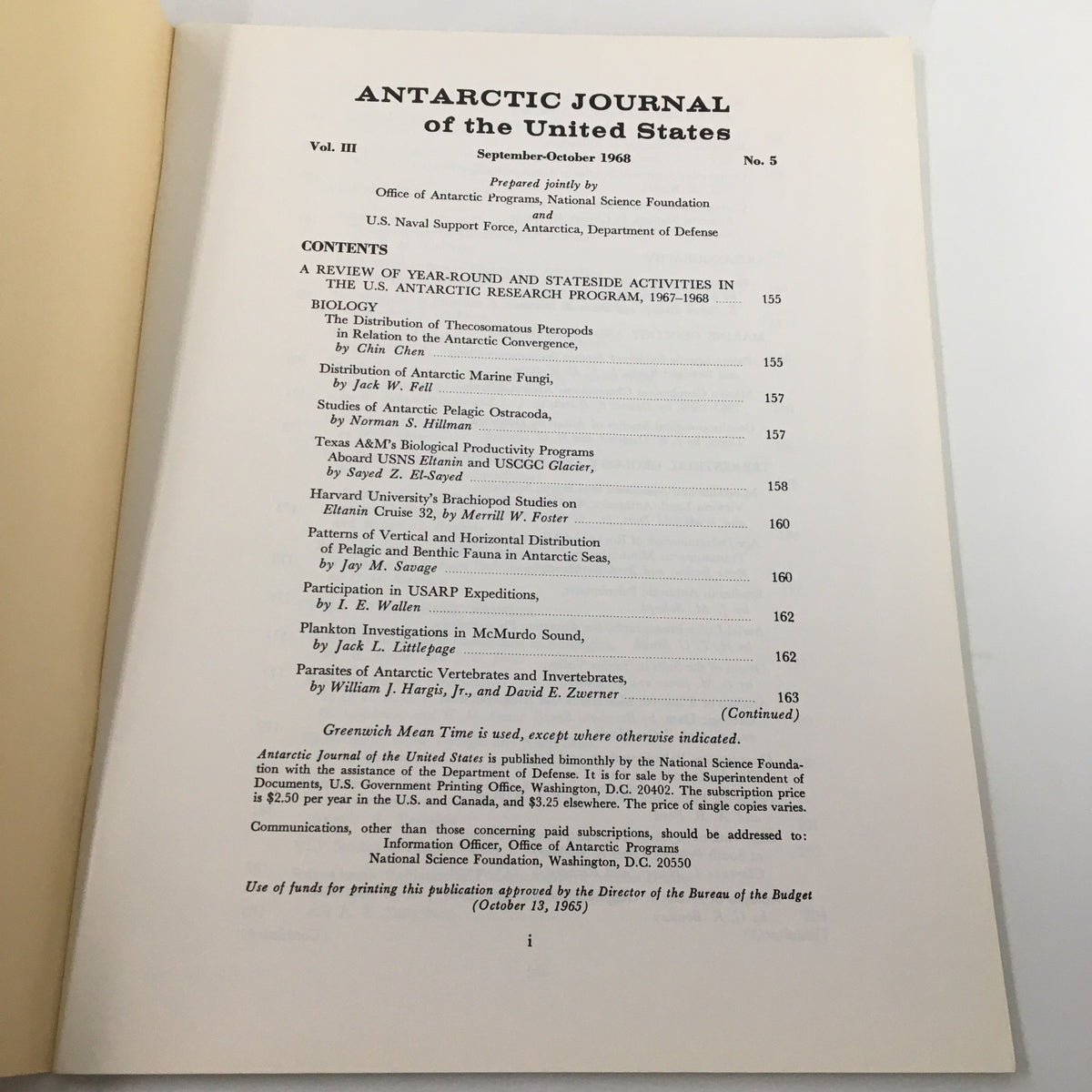 Inside page of the VTG Antarctic Journal of the United States, September-October 1968, featuring contents and article titles related to Antarctic research.