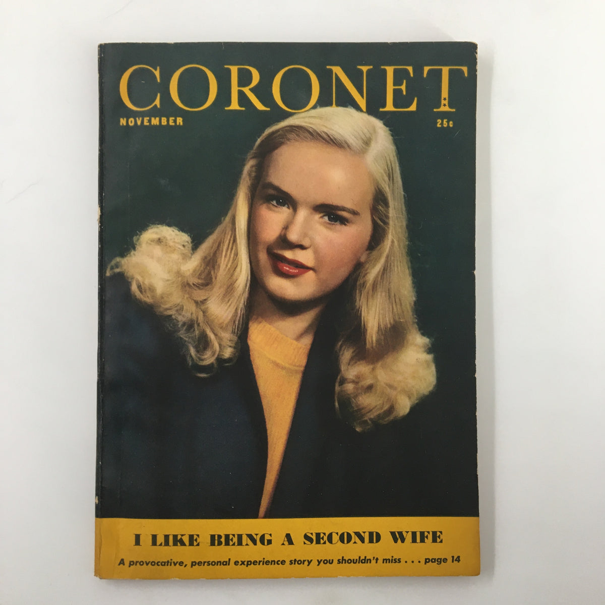 Cover of VTG Coronet Magazine November 1944 featuring a woman with blonde hair, emphasizing the article 'I Like Being A Second Wife'. The cover highlights cultural insights from the 1940s.