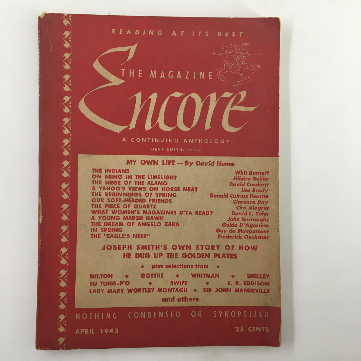 Cover of VTG Encore Press Magazine April 1943 featuring the theme 'On Being The Limelight', showcasing a bold red and cream design.