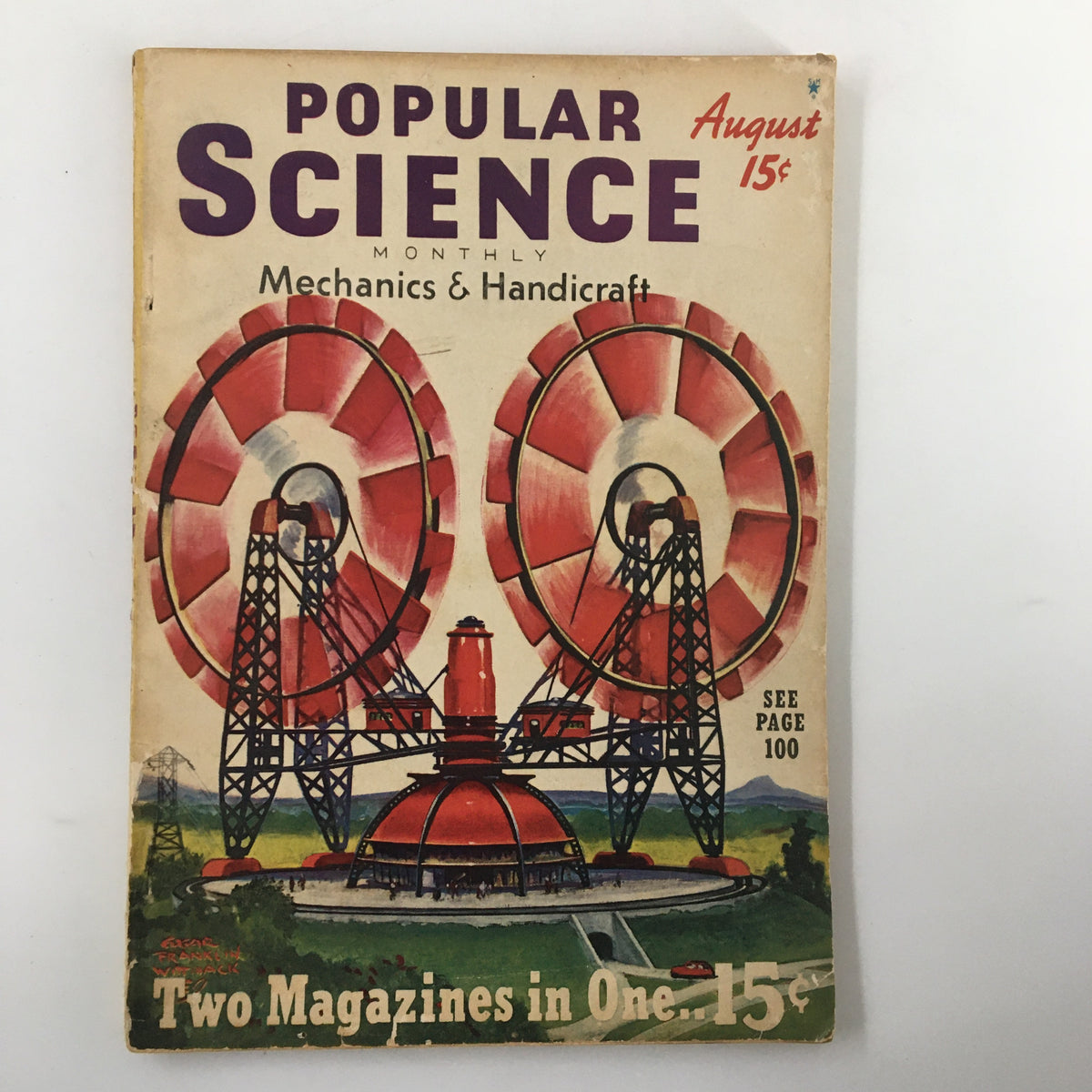 Cover of Popular Science Magazine, August issue showcasing large futuristic wind turbine concepts, priced at 15 cents, with a bold title and colorful illustrations.