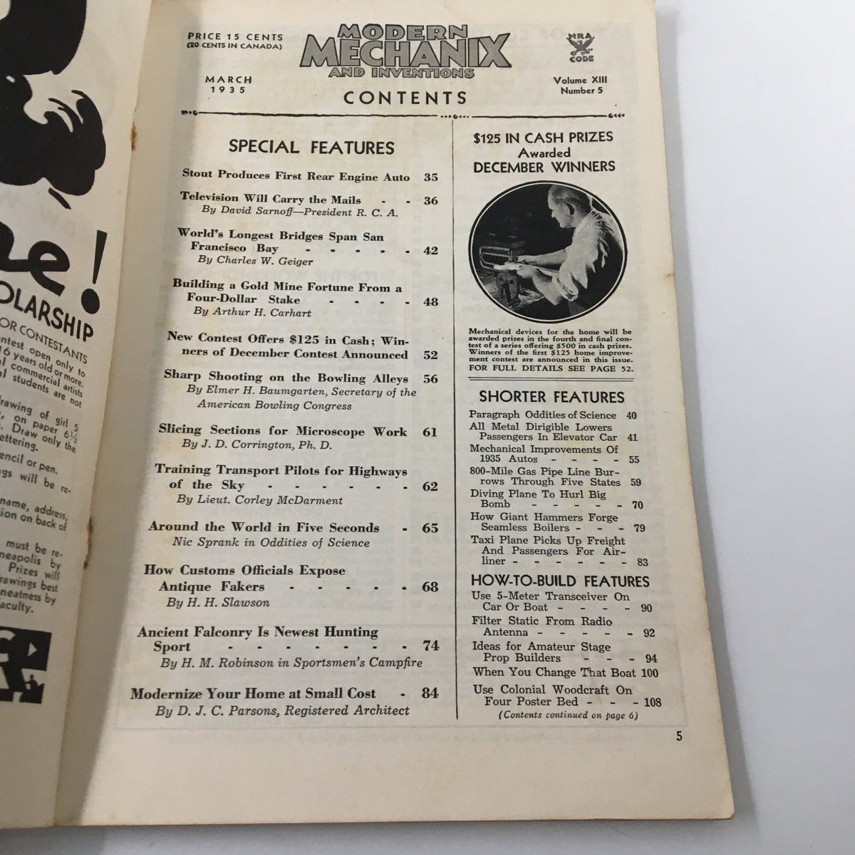 Interior page of VTG Modern Mechanix Magazine March 1935 displaying contents, highlighting articles including 'Television Will Carry the Mails'.