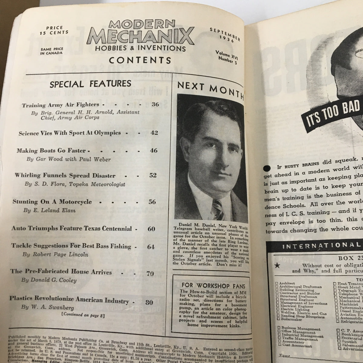 Contents page of VTG Modern Mechanix Magazine September 1936 listing featured articles on various tech topics including aviation and marine engineering.