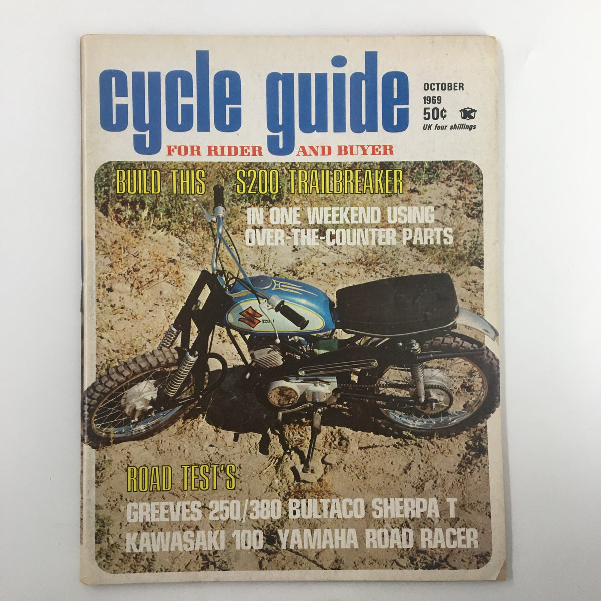 Cover of VTG Cycle Guide Magazine from October 1969 featuring the S200 Trailbreaker project, showcasing a motorcycle in an outdoor setting with detailed captions and retro design.