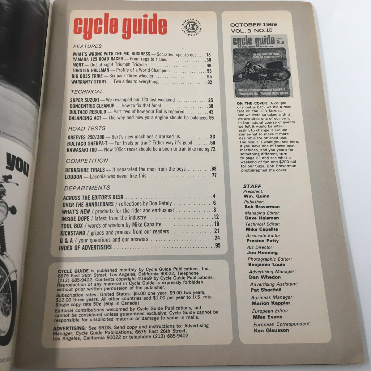 Interior page of VTG Cycle Guide Magazine October 1969 featuring table of contents, articles and features related to motorcycles, including topics like Super Suzuki, Greaves 250, and motorcycle culture from the 1960s.