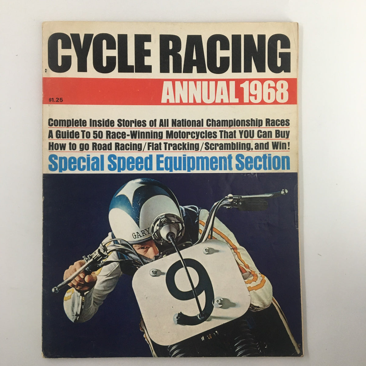 Cover of VTG Cycle Racing Magazine Annual 1968 featuring a motorcycle racer with the number 9, highlighting the Special Speed Equipment Section.