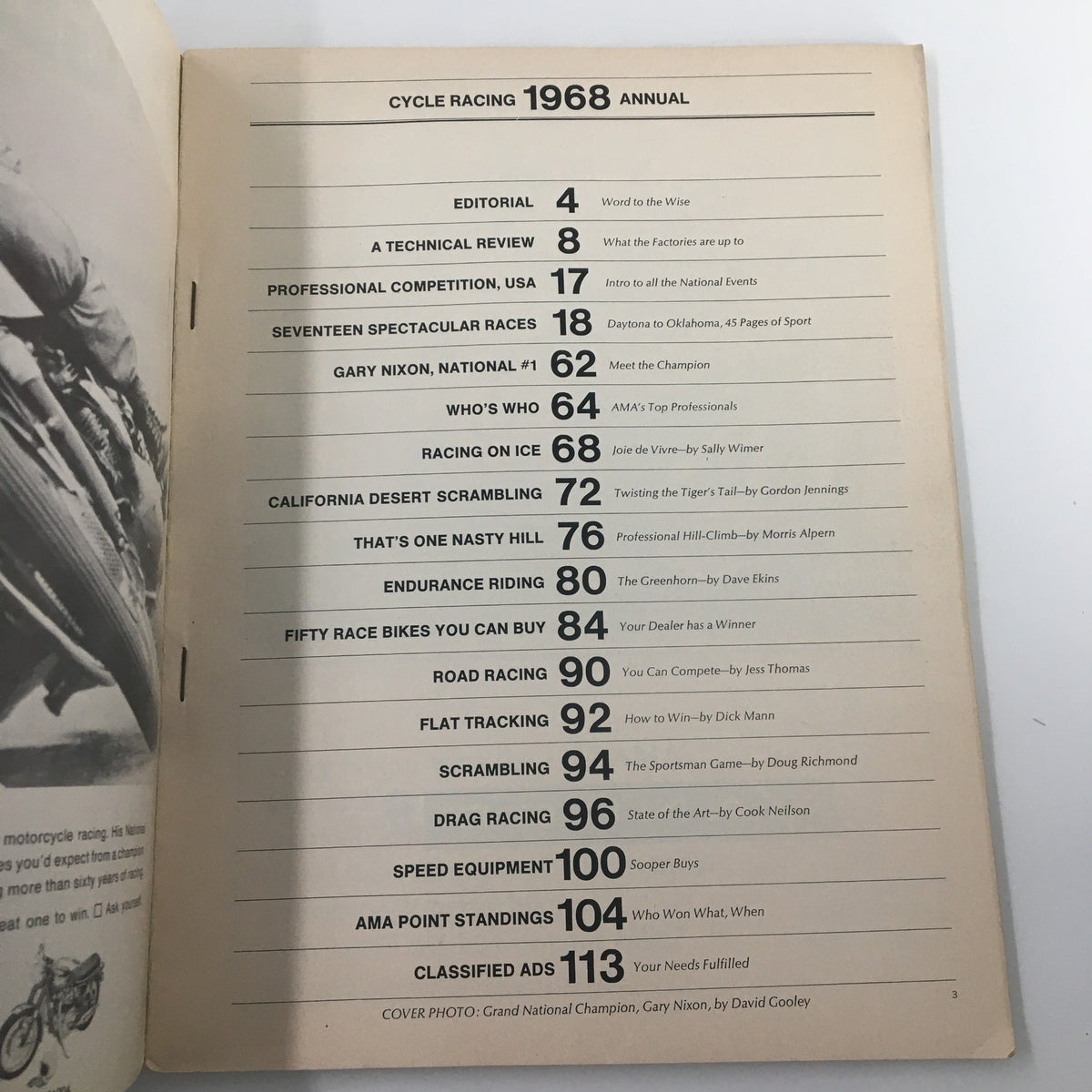 Contents page of VTG Cycle Racing Magazine Annual 1968 displaying articles and features including racing events, techniques, and bike listings.