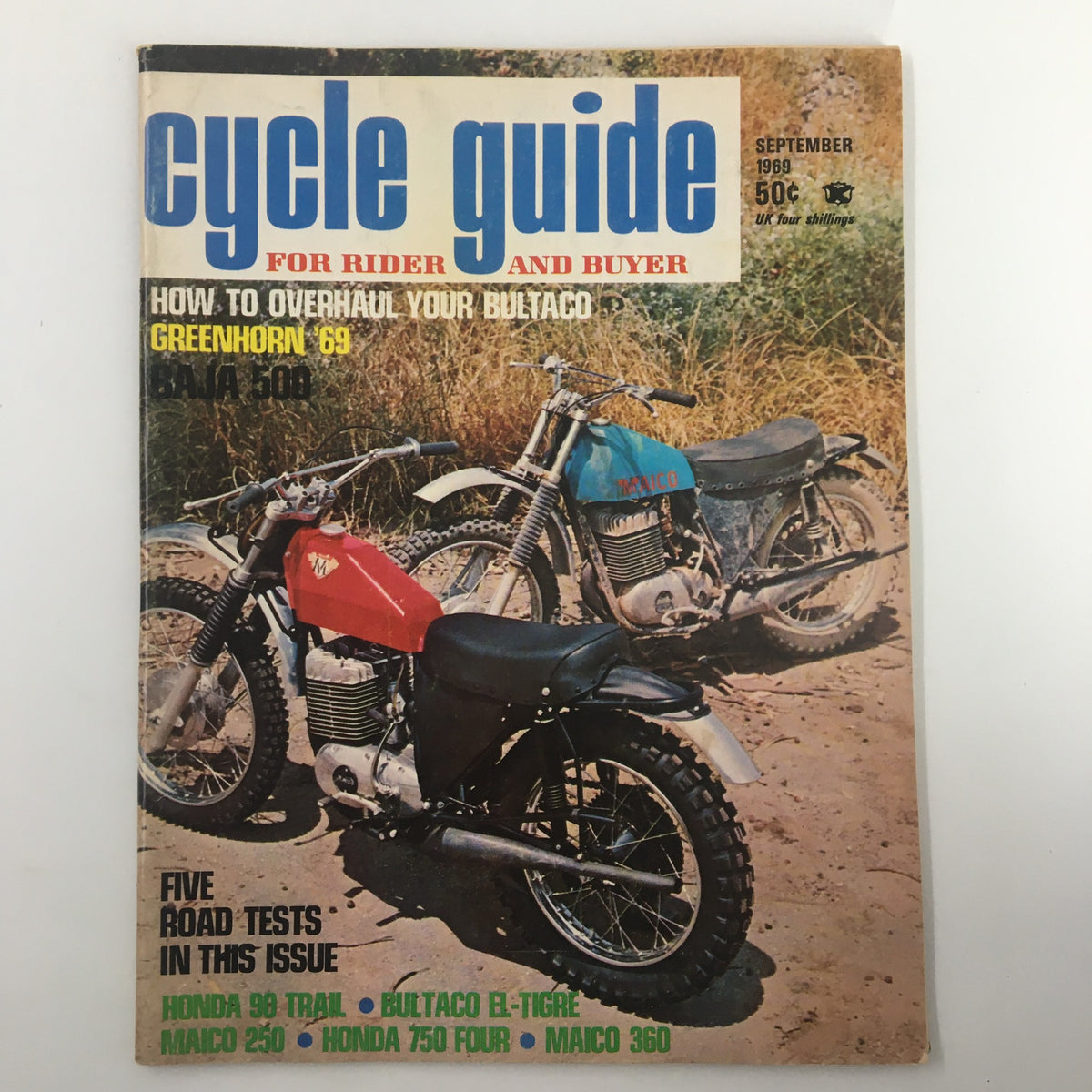 Cycle Guide Magazine September 1969 cover featuring the title 'How to Overhaul Your Bultaco', showcasing two vintage motorcycles, including a Bultaco, against a natural backdrop.