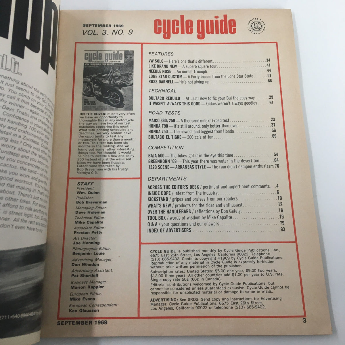 Inside page of Cycle Guide Magazine September 1969, displaying the table of contents with features such as 'Bultaco Rebuild' and various motorcycle tests, including articles on Maico and Honda models.