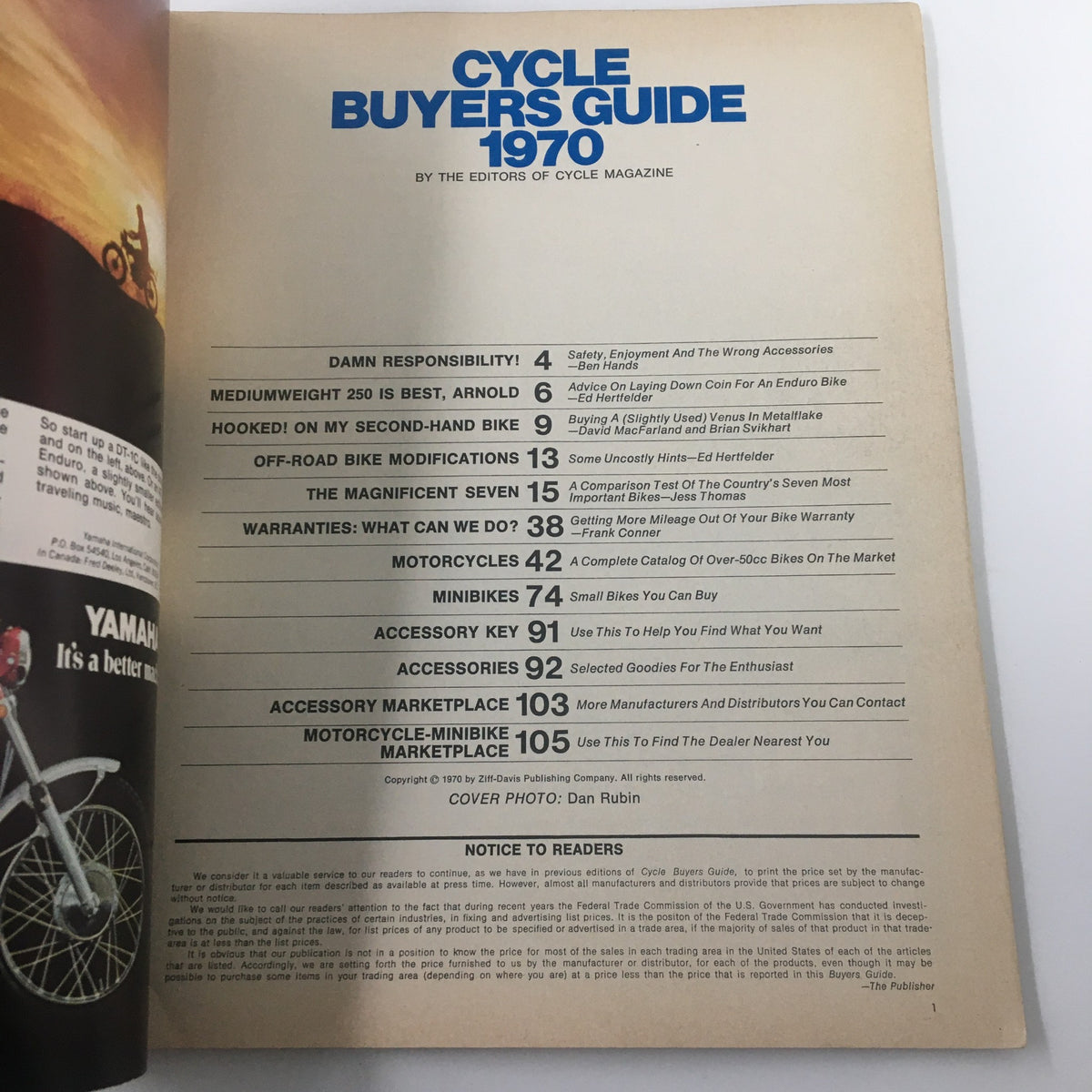 Interior page of VTG Cycle Magazine 1970 Buyers Guide displaying the table of contents with sections on motorcycles, mini bikes, and safety tips.