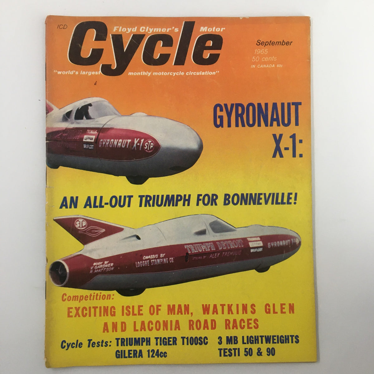 Cover of VTG Cycle Magazine September 1965 featuring Gyronaut X-1 An All-Out Triumph for Bonneville, showcasing iconic motorcycle culture and design of the 1960s.