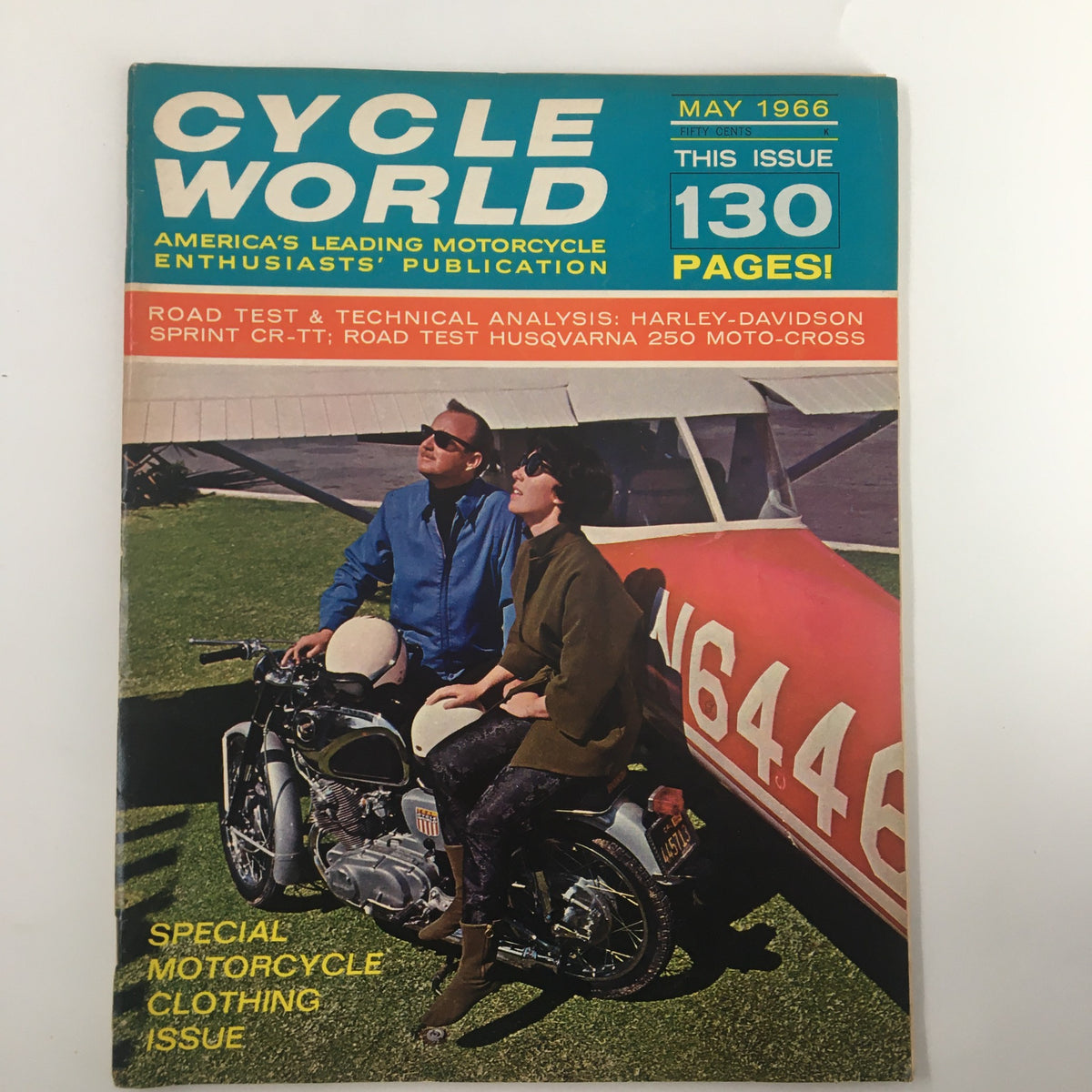 Cover of the VTG Cycle World Magazine May 1966 featuring a Harley-Davidson Sprint CR-TT road test, showcasing a couple enjoying a motorcycle with an airplane in the background, highlighting the special motorcycle clothing issue.