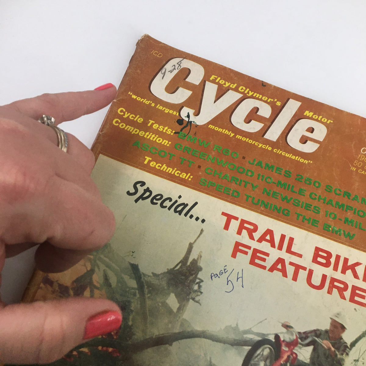 Close-up of the cover of the VTG Cycle Magazine, October 1965, highlighting the BMW R60 and James 250 Scrambler along with trail bike feature details.
