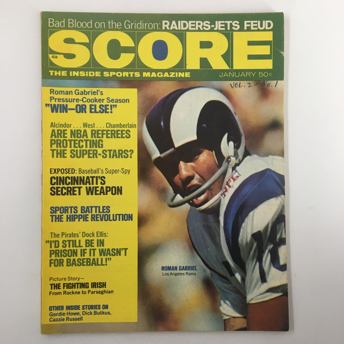 VTG Score Magazine January 1971 featuring Roman Gabriel of the Los Angeles Rams on the cover, highlighting football history and culture.