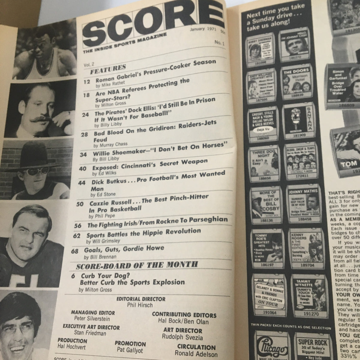 Inside page of the VTG Score Magazine January 1971, showcasing features and articles including Roman Gabriel's Pressure-Cooker Season and other sports topics of the time.