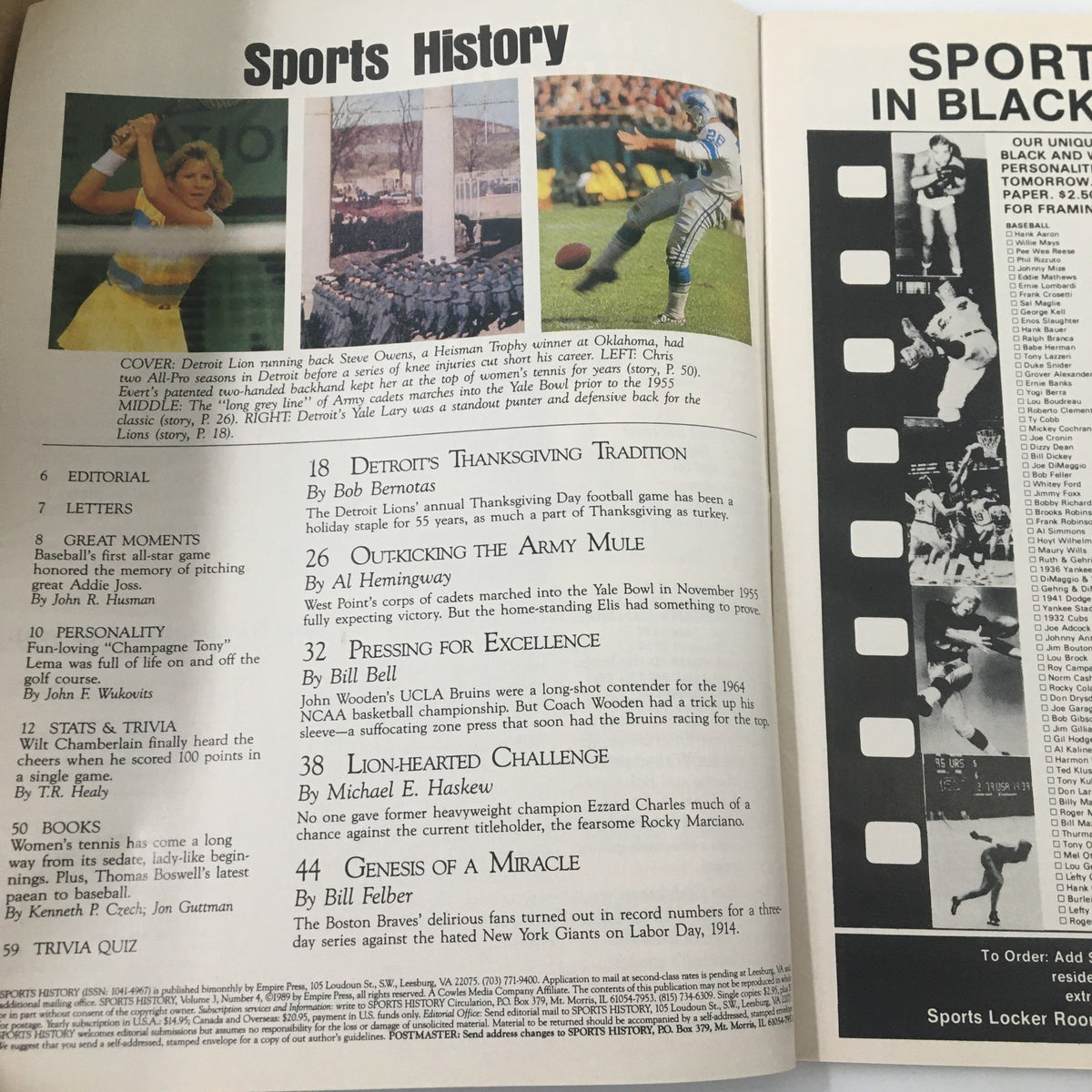 Inside page of Sports History Magazine January 1990 showcasing articles and features on notable sports events, including details on UCLA's title quest and the history of the Miracle Braves.