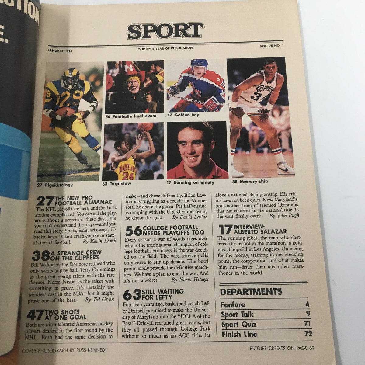 Inside pages of VTG Sport Magazine January 1984 showcasing various sports topics including college football, the NBA, and NFL almanac.