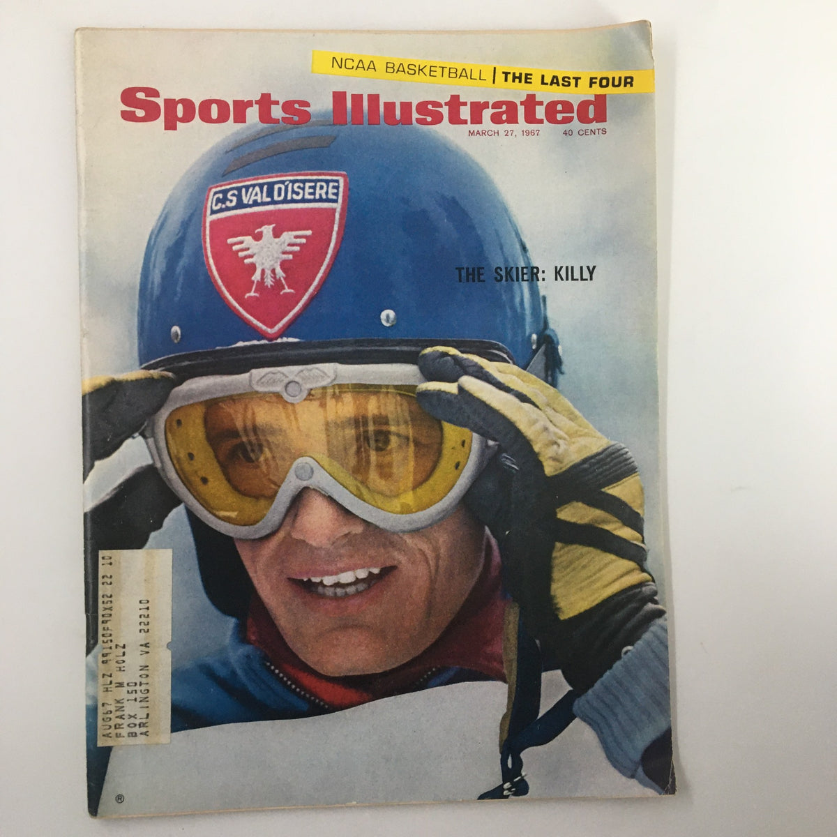 Vintage Sports Illustrated magazine cover from March 27, 1967, featuring The Skier, Jean-Claude Killy, wearing a blue helmet and ski goggles, showcasing the excitement of winter sports in the 1960s.