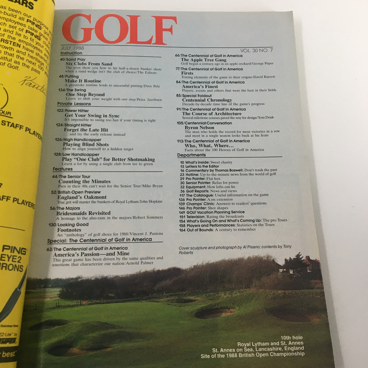 Interior page of VTG Golf Magazine July 1988 British Open Championship Collector's Edition showcasing articles and features, including the special section on the Centennial of Golf in America.