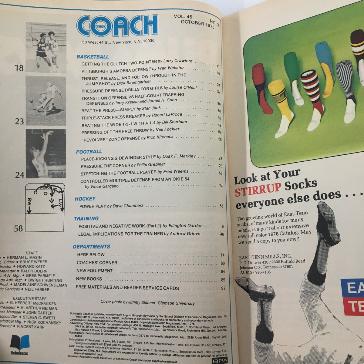 Cover page and table of contents of VTG Scholastic Coach Magazine, October 1975, featuring highlights on basketball, football, and hockey, and showcasing articles relevant to sports coaching, including the Clemson University Game.