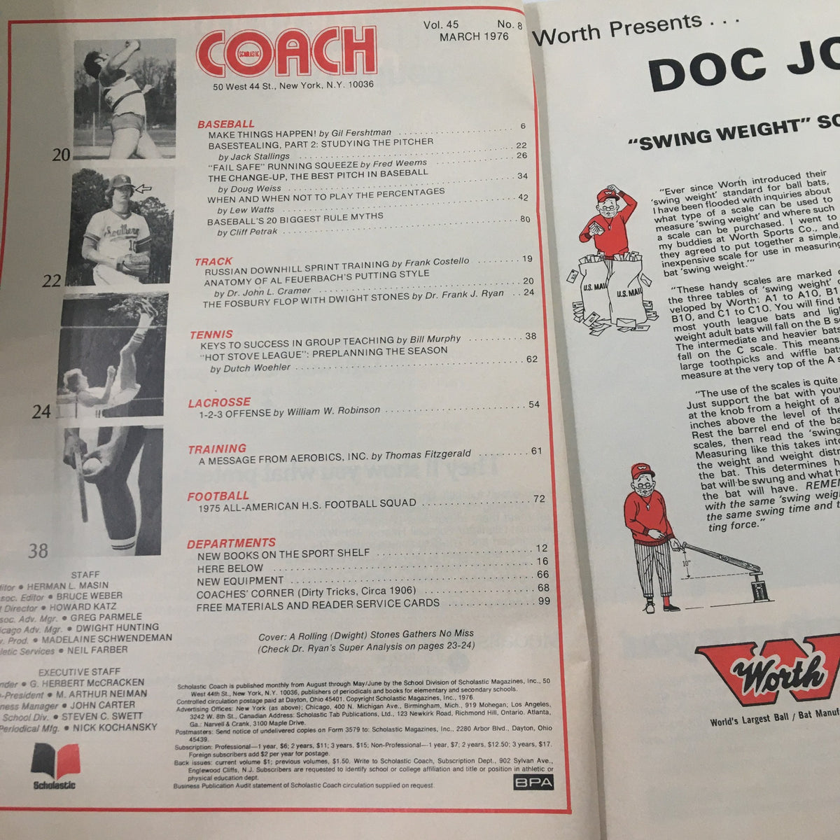 Interior page of VTG Scholastic Coach Magazine March 1976, listing articles and content including a profile on Dwight Stones and topics in sports training and strategy.