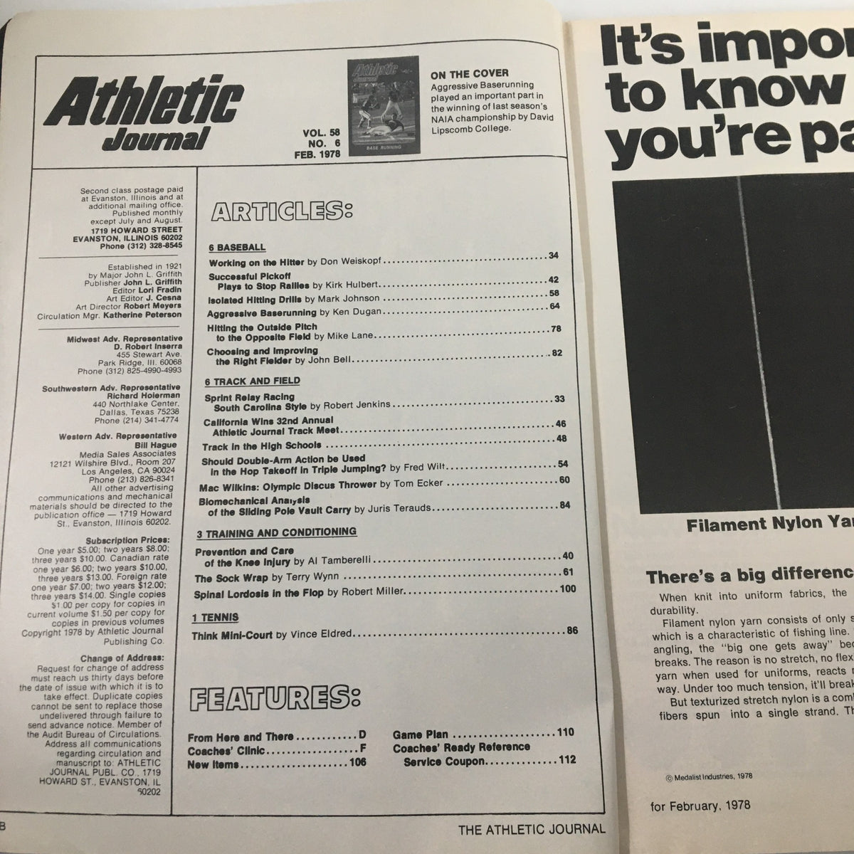 Table of contents page of VTG The Athletic Journal Magazine February 1978, detailing various articles, including 'Working on the Hitter', celebrating vintage sports journalism and training techniques.