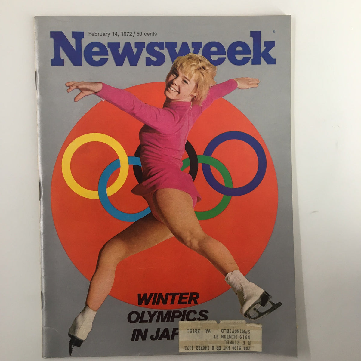 Vintage Newsweek magazine cover from February 14, 1972 featuring the Winter Olympics in Japan, showcasing a figure skater in a pink outfit against the Olympic rings backdrop.