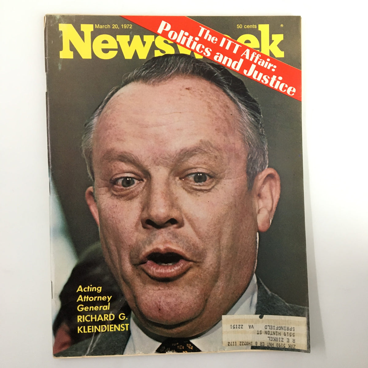 Vintage Newsweek Magazine Cover from March 20, 1972 featuring Acting Attorney General Richard D. Kleindienst, showcasing the headline 'The ITT Affair: Politics and Justice'.