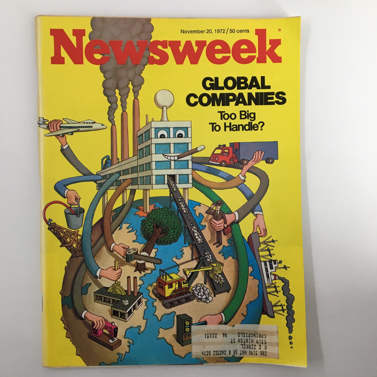 Vintage Newsweek magazine cover from November 20, 1972, titled 'Global Companies Too Big To Handle?' featuring an artistic illustration depicting multinational corporations and their impact on the economy.