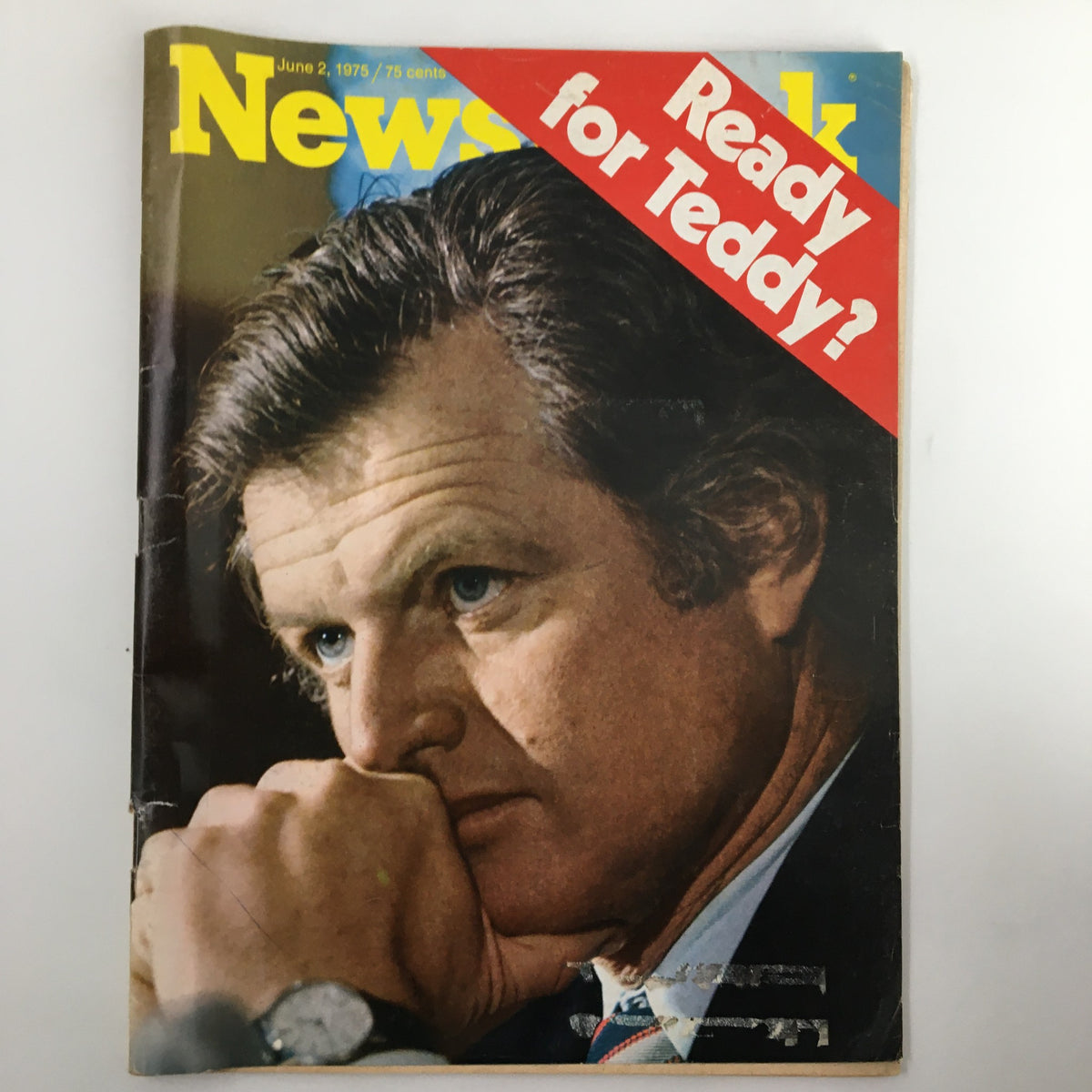 VTG Newsweek Magazine June 2 1975 titled 'Ready for Teddy Kennedy?' featuring a close-up of a pensive man with a thoughtful expression, showcasing the magazine's vintage design.