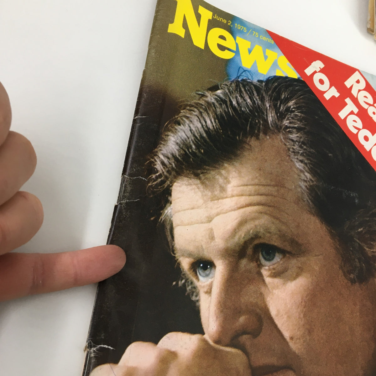 VTG Newsweek Magazine June 2 1975 titled 'Ready for Teddy Kennedy?' highlighting the magazine's cover with a close-up of a man's face, emphasizing minor wear and character typical of a vintage publication.